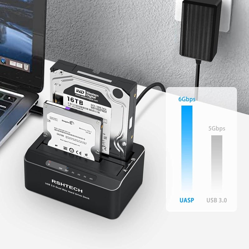 Rshtech Hard Drive Dock, Aluminum USB 3.0 to SATA Dual Bay External Hard Drive Docking Station for 2.5 & 3.5 inch SATA HDD SSD with Offline Clone/Duplicator Function, Support UASP & 2x16TB (RSH-DS01) - Image 3